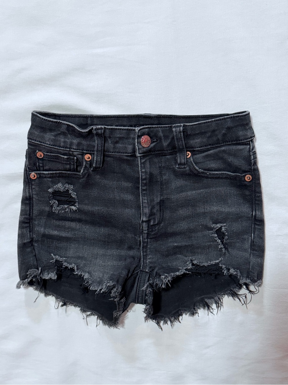 American Eagle Outfitters High-Rise Shortie Black Jean Frayed Hem 000 - Picture 3 of 8
